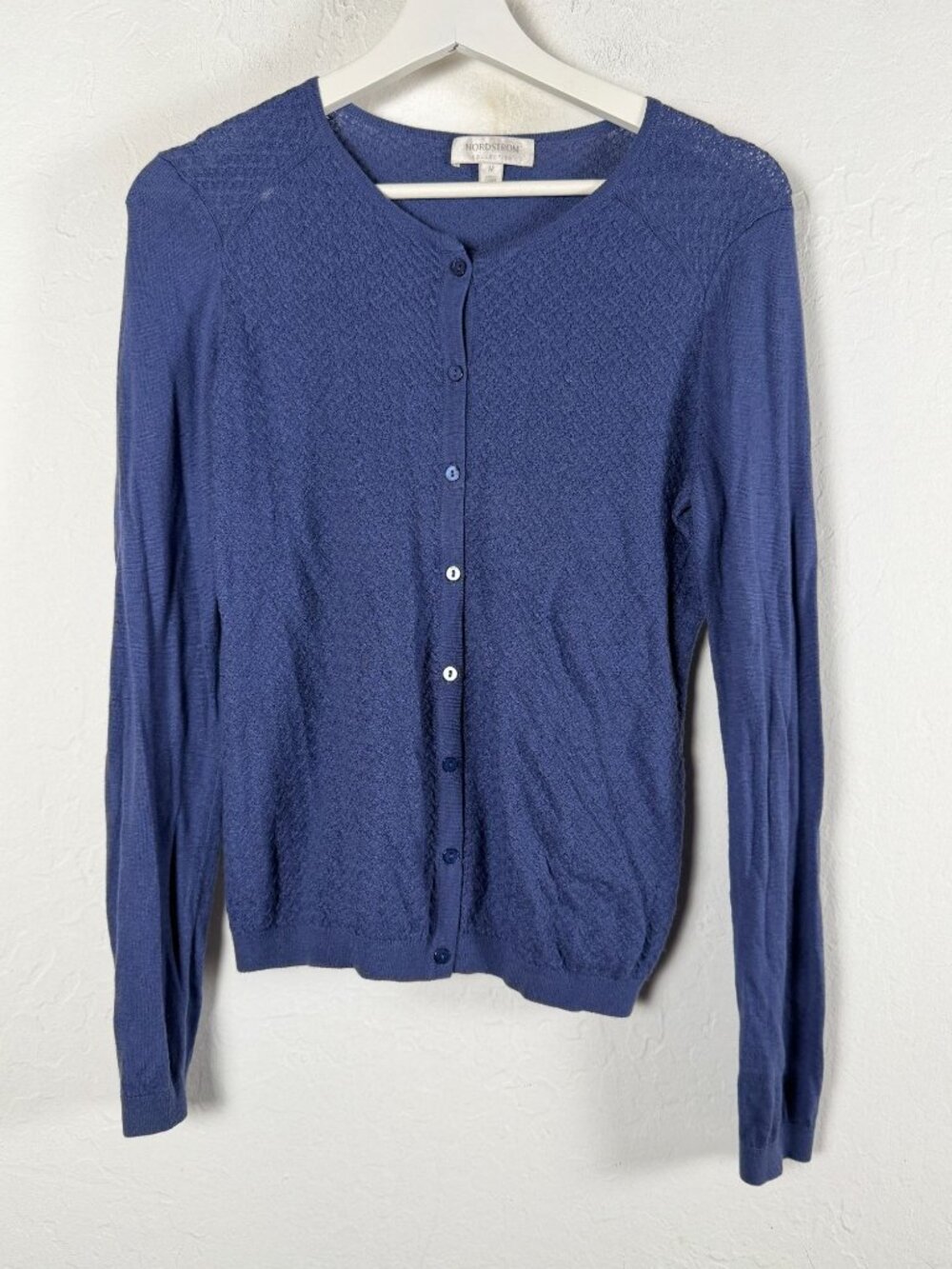 NORDSTROM Womens Silk Cashmere Cardigan Medium Blue Textured Knit Button Sweater